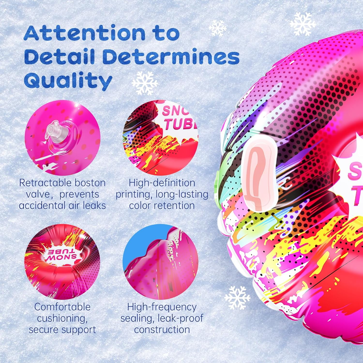 Snow Tubes for Sledding | 33.5" Inflatable Heavy-Duty Snow Tube for Kids & Adults | Thick PVC Snow Toys with Handles | Winter Outdoor Blow Up Sleds for Family
