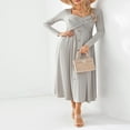 thumbnail image 3 of Femmes Été Automne Décontracté Midi Robes Manches Longues V Cou Croix avant Côtelé Robe Élastique Robe Longue de Base avec Poches, 3 of 9