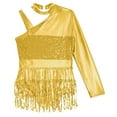 thumbnail image 5 of Sholeno Kids Girls Sequin Latin Dance Tassel Dress Leotard Shiny Asymmetrical Shoulder Fringe Skirted Bodysuit Gold 16, 5 of 6