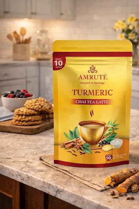 Amruté Turmeric Chai Tea Latte – 10 Single Serves, Instant Chai Drink Mix