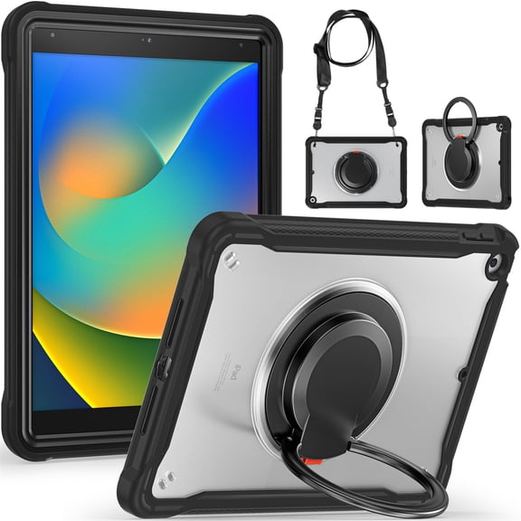 SaniMore Case for SaniMore Case for iPad 10.2 inch 9th/8th/7th Generation (2021/2020/2019), Shoulder Strap Pencil Slot Hybird Back Cover 360° Ratating Handle Bracket Shockproof Anti-fall, Black