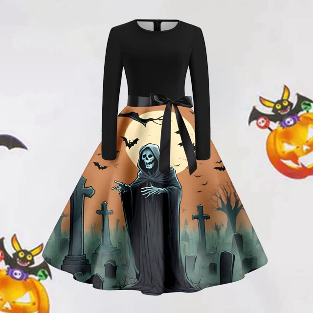 Vestido Estilo Camiseta Retro Con Estampado de Halloween Para Mujer | Casual, Manga Larga, Cuello Redondo