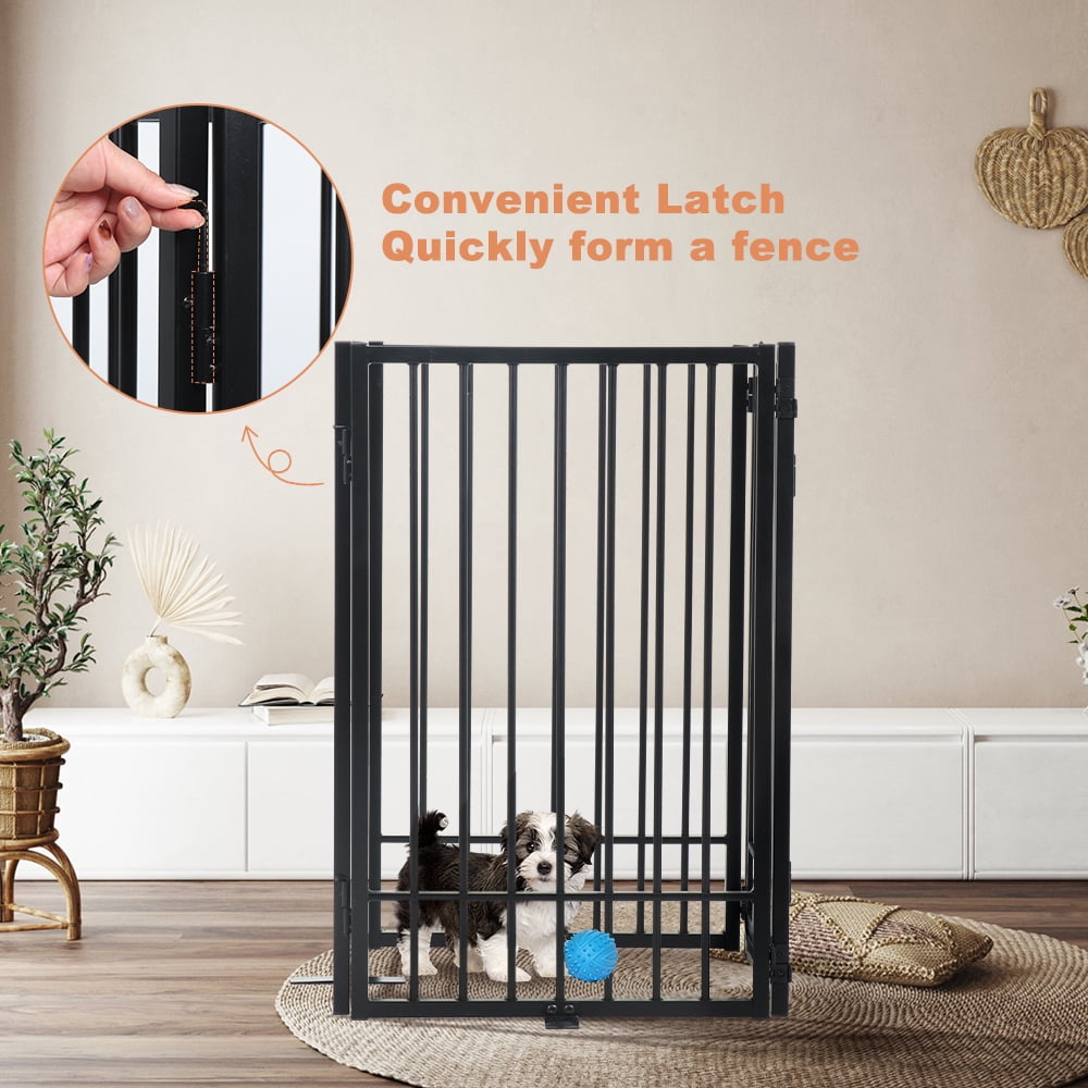 SMONTER Free Standing Dog Gate with Door Walk Through, 80.5'' Extra Wide Indoor Dog Fence, 31.5'' Height 4 Panels Foldable Metal Pet Puppy Gate for Stairs, Hallways, Doorway