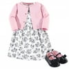 Hudson Baby Infant Girl Cotton Dress, Cardigan and Shoe 3pc Set, Toile, 3-6 Months