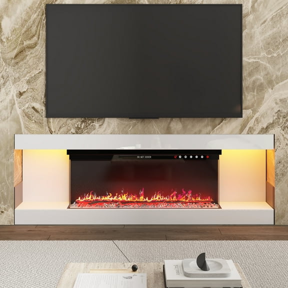 KULAGAGA 66.5” Fireplace TV Stand with 40” Electric Fireplace, LED Lights, High Gloss TV Media Console Table, LED Entertainment Center for Living Room, White