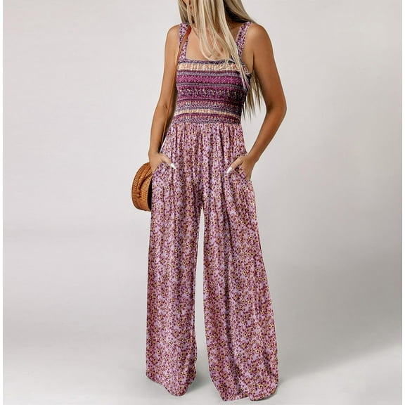 Azrian Women's Sleeveless Wide Leg Jumpsuit Onepieces Overall Dress Womens Fashion Loose Printing Sleeveless Pockets Wide Leg Long Pant Jumpsuit