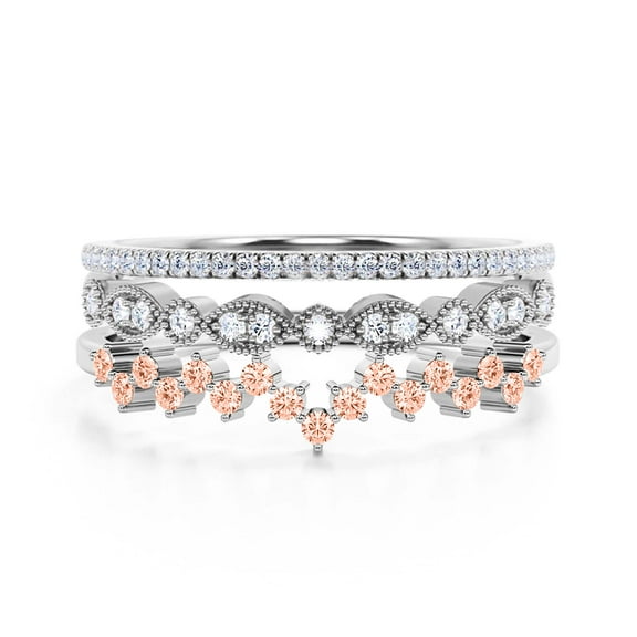 ZigZag Design 1.15 Carat Milgrain Morganite And Diamond Moissanite Engagement Ring Wedding Band in 10k Solid White Gold, Stackable Ring, Promise Ring, Anniversary Ring, Trio Set, Matching Band