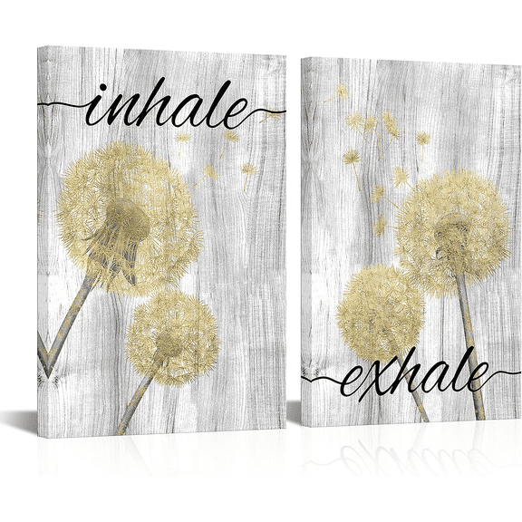Visual Art Decor Framed Wall Decor Botanical Wall Art Inhale Exhale Wall Art Gold Grey Dandelion Flower Picture Floral Painting Art Prints Framed Gallery Wrap (16"x24"x2 Panels)
