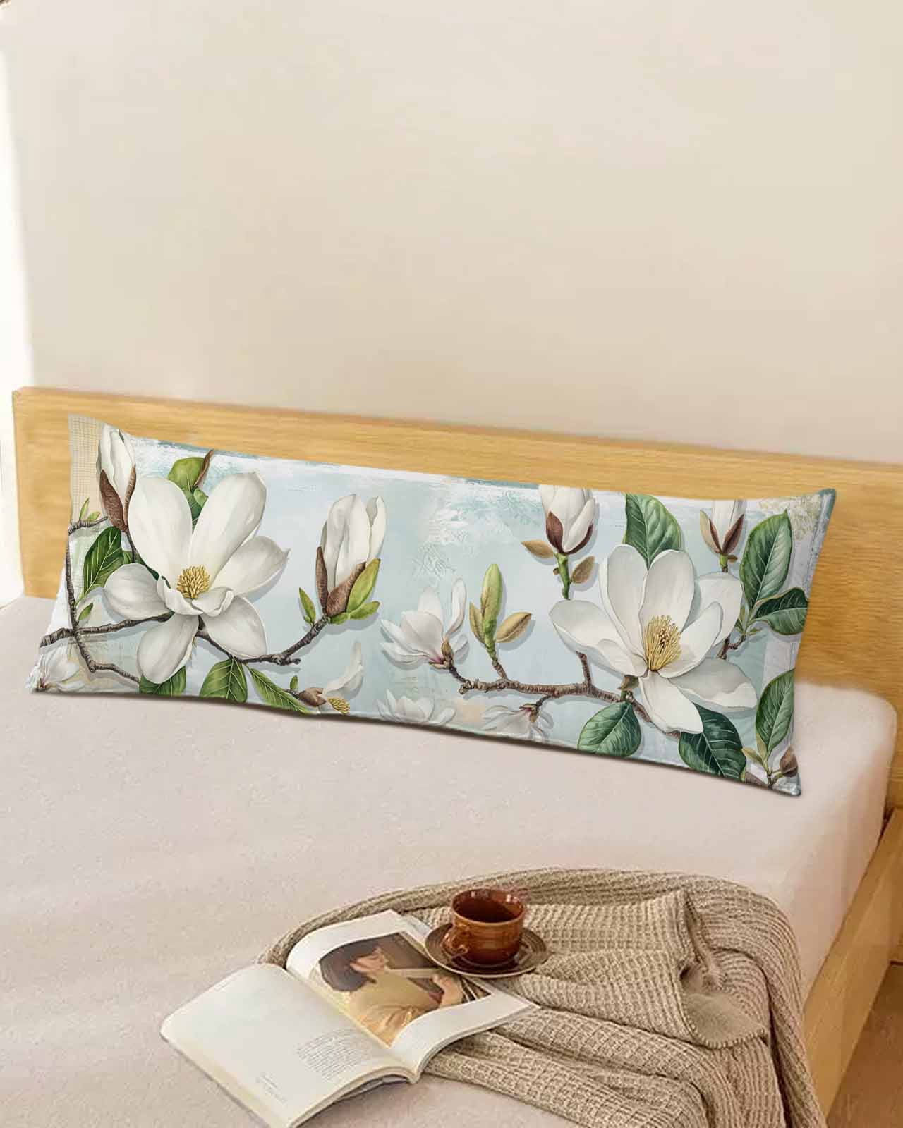 Country Flowers Body Pillow Cover 20 x 60 Inch Decorative Pillow Cover Spring Botanical Magnolia Branches Lumbar Pillowcase Seasonal Rectangle Cushion Case for Couch Sofa Bed Living Room