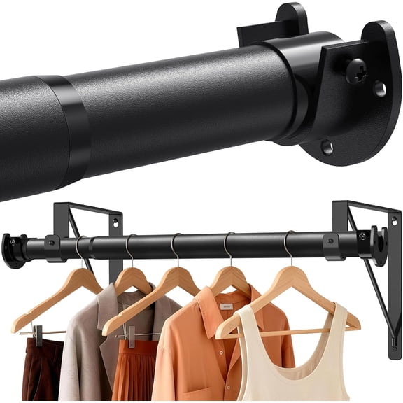 Closet Rods for Hanging Clothes with Triangular Brackets, 17 to 69 Inches Stepless Adjustable Closet Rod, 1.3 Inch Heavy Duty Closet Rod for Closet Wardrobe Laundry RV (Without Board/Black)