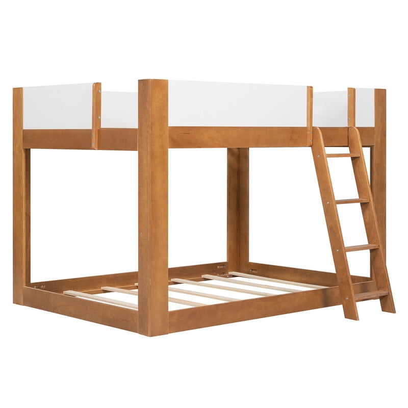 Full-Over-Full Low-Profile Bunk Bed with Guardrails, Wooden Kids Bed with Reversible Ladder, Accent Two-Tone Bed Frame