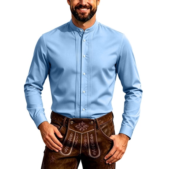 USNSM Men's Mandarin Collar Dress Shirt Long Sleeve Button Down Pleated Regular Fit for Work Office Wedding Dinner Events Blue XL