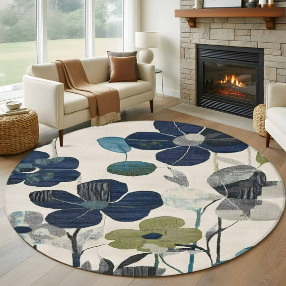 6ft Round Rug, Navy Blue Green Floral Non-Skid Rubber Backing Large Area Rugs - Living Room Bedroom Home Office, Vintage Botanical Leaves Indoor Floor Mat Carpets Washable Rug