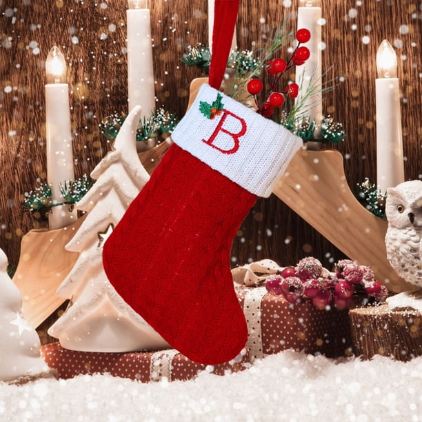 Calcetines Navideños con Letras Bordadas | Medias Navideñas de Punto En Rojo, Verde y Blanco | Iniciales Personalizadas | Decoración Acogedora para La Chimenea | Porta Regalos Diy para Celebrar La Na