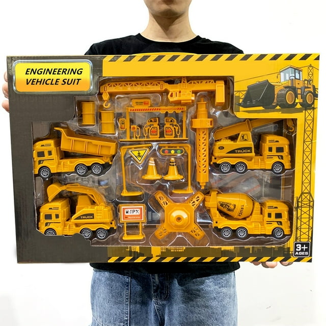 Kids Construction Vehicles Playset , Crane, Excavator, Dump Truck, Cement, Educational Engineering Toy Set Birthday 3+ Year Old Boy