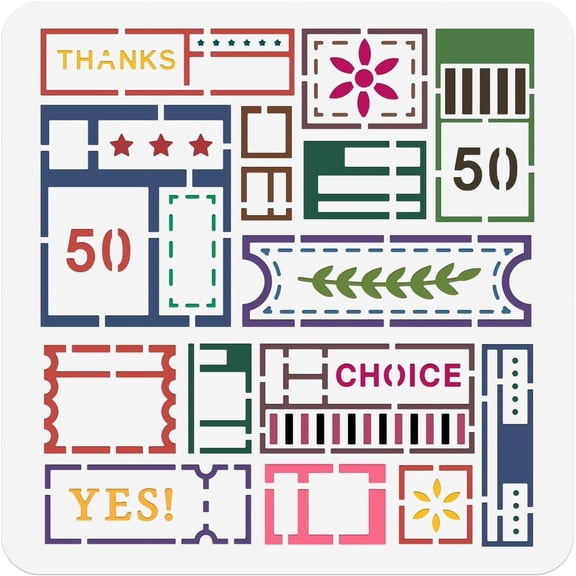 Ticket Painting Stencil 11.81x11.81 Inch Mixed Shape Reusable Craft Stencils Hollow Out Drawing Painting Template for Painting on Wood Fabric Paper Walls Canvas Furniture