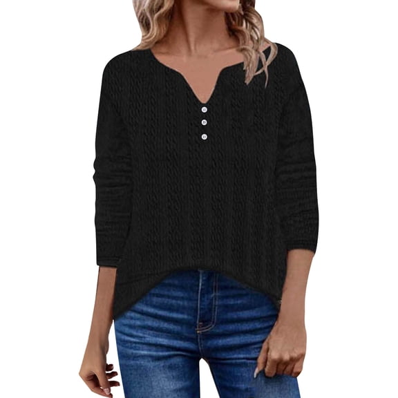 Womens Tops Casual Women's Solid Color V-neck Three Button Long Sleeved T-Shirt Top