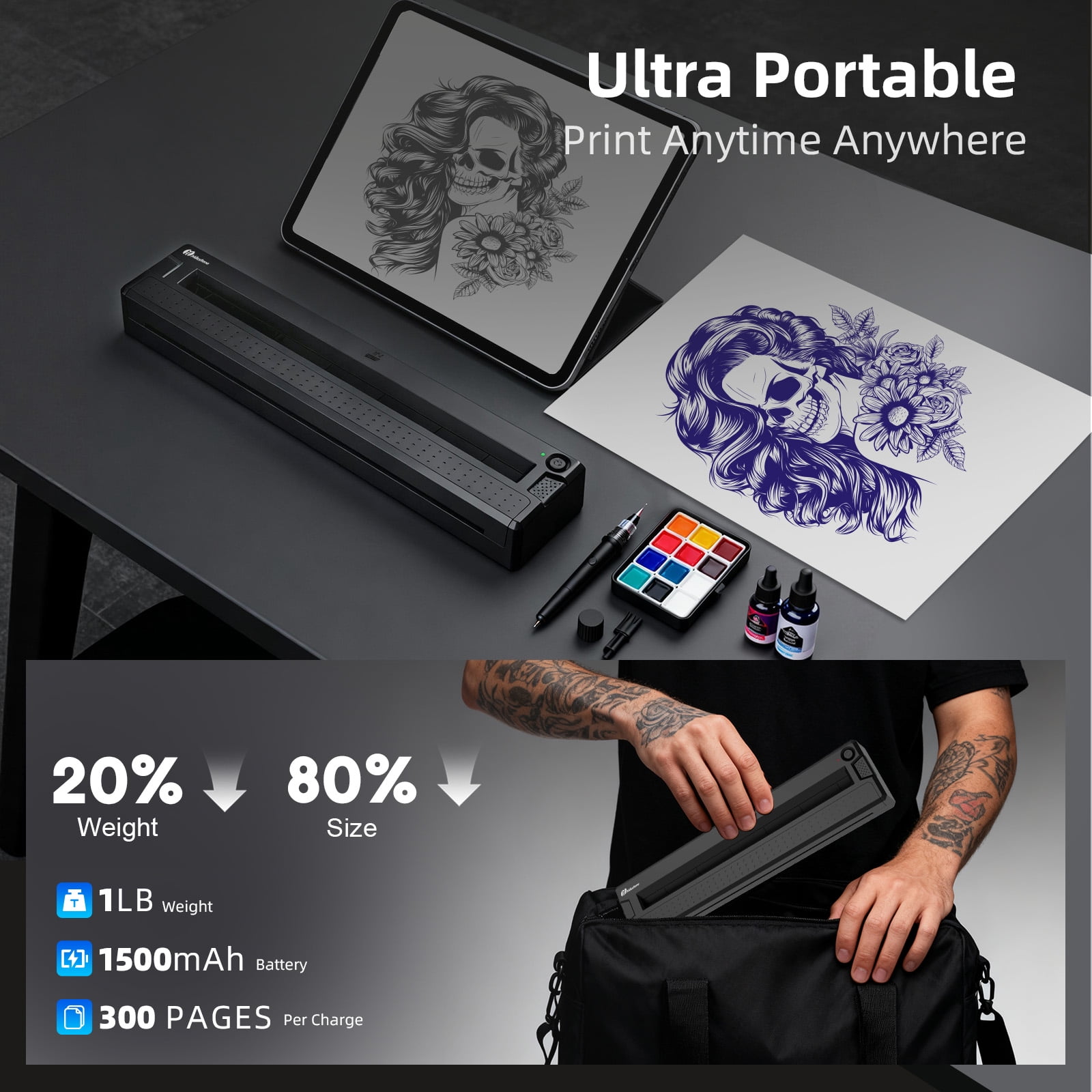 Milestone 2-in-1 Wireless Tattoo Stencil Printer Machine, Portable Thermal Tattoo Stencil & Document Printer Compatible with iOS Android PC