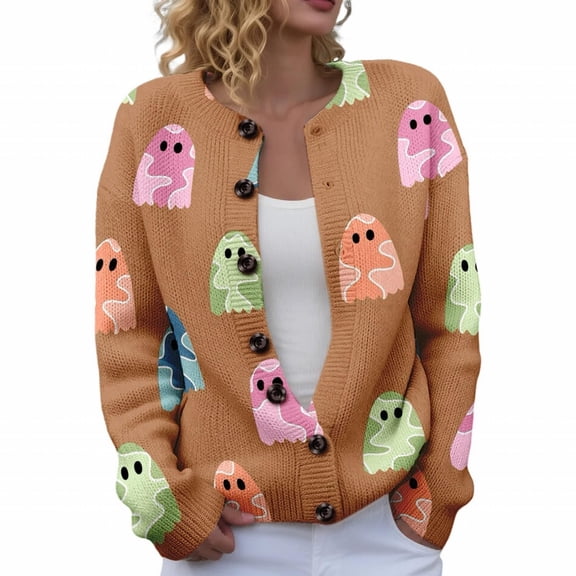 Evdexr Halloween Sweaters for Women Pumpkin Skeleton Graphic Cardigans Funny Long Sleeve Knit Button Down Cardigan Sweaters Plus Size Lightweight Jackets XL