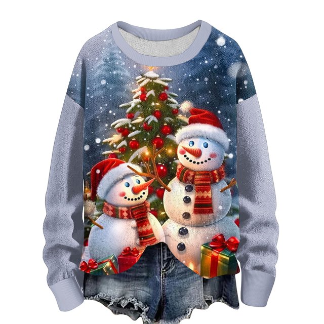 Rbaofujie Chandails d'Automne pour Femmes Décontracté Imprimé de Noël Col Rond Manches Longues Pull Tricoté Rayé Haut Bleu Mode Femmes Chandails à Capuchon & Chandails en Molleton