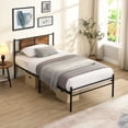 thumbnail image 2 of Lisonu Twin Size Bed Frame with Headboard, Modern Metal Platform Bed with Wood Accent, 10.8" Under-Bed Storage, No Box Spring Needed, Steel Support, Black & Brown, 2 of 11
