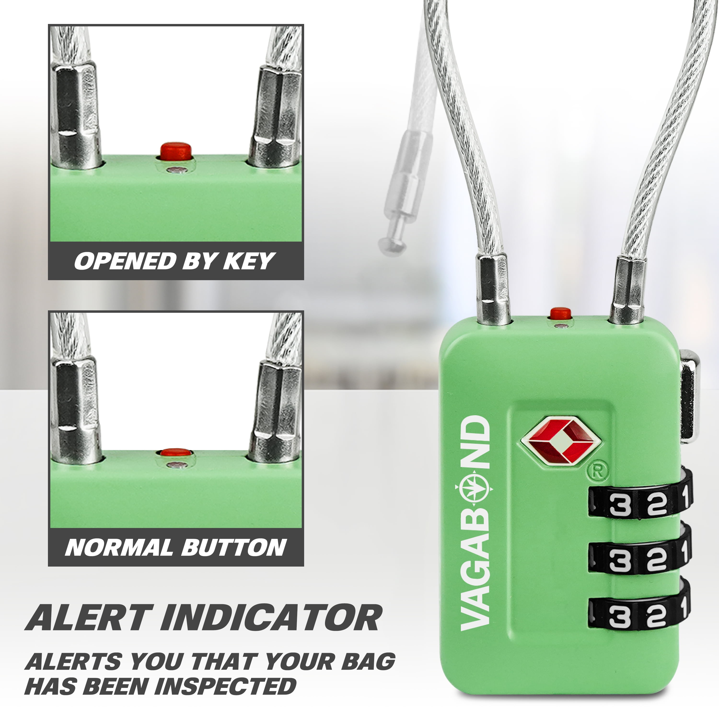 VAGABOND TSA Accepted Luggage Travel Lock 3 Digit Combination Keyless Resettable Suitcase Steel Cable Lock with Zinc Alloy Body Green 2 Pack
