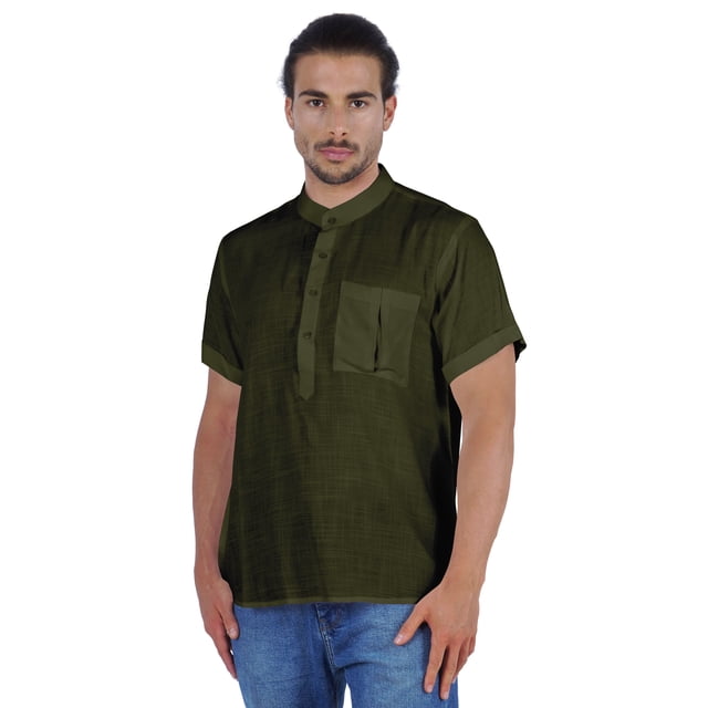 Atasi Kurta Courte Col Mandarin Tee-Shirt Uni à Manches Courtes Henley avec Poche