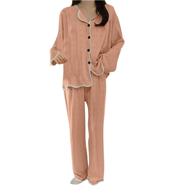 cfhntfmh Ensemble de Pyjama pour Femmes à Manches Longues, Tenue de Nuit Unie avec Col à Revers et Boutons, Tenue de Détente Deux Pièces