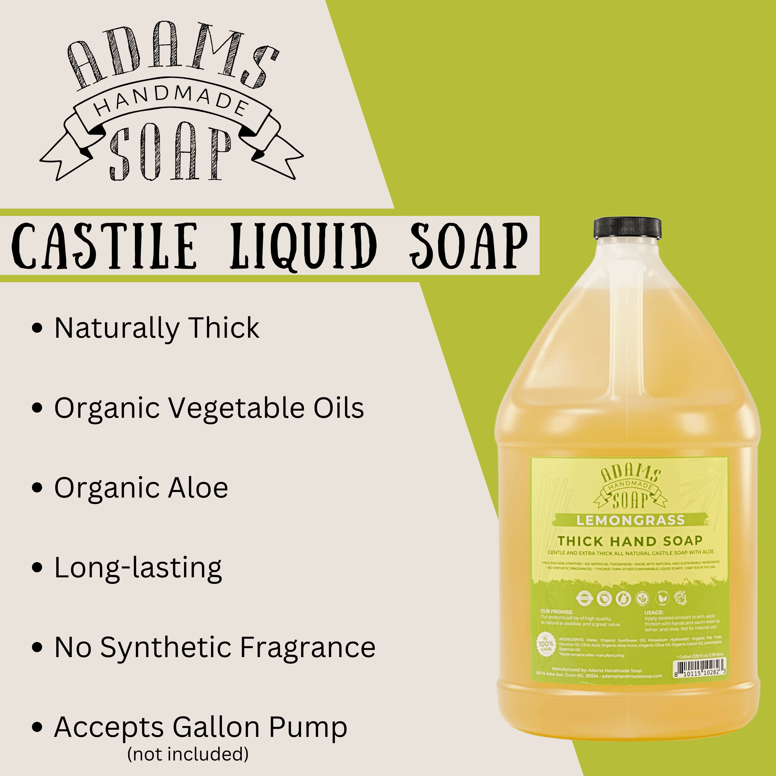 Lemongrass Organic Liquid Castile Hand Soap 1 Gallon Refill Adams Handmade Soap