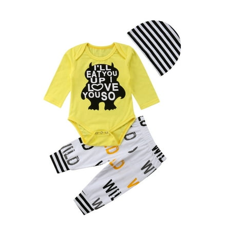 

US Cute Newborn Baby Boy Clothes Monster&Letter Romper Tops Shorts Pants Outfits
