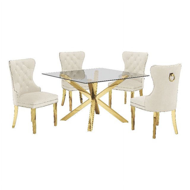 Square 47" x 47" Clear Glass 5pc Dining Set with Gold Stainless Steel