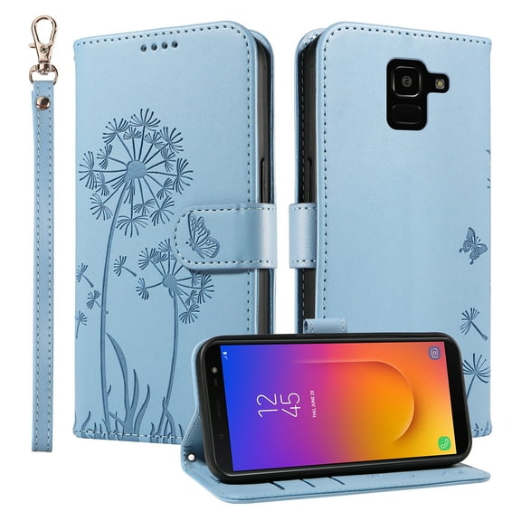 Flip Case for Samsung Galaxy J6 2018 (SM-J600), Card Holder and Kickstand, Shockproof and Scratch Resistant, Sky Blue