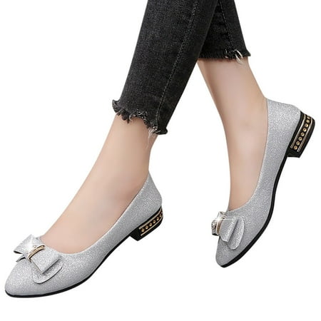 Oyedens Glitter Silver Dress Shoes for Women Wedding Sequin Bowknot Rhinestone Slip on Ballet Flats
