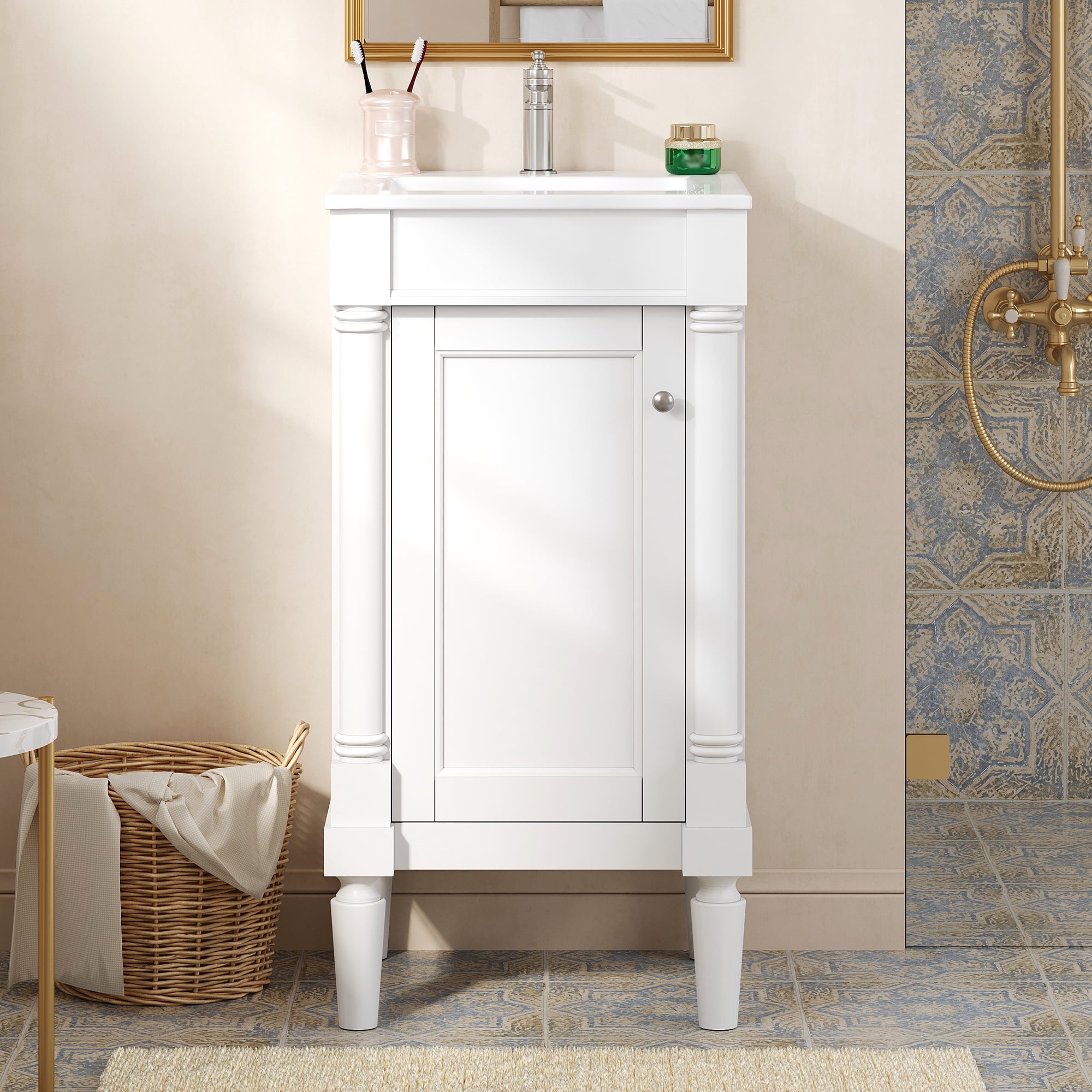 Euroco 18" French Style Bathroom Cabinet with Storage, Small Space Solution with Ceramic Sink, Adjustable Shelf, Soft-Closing Hinges