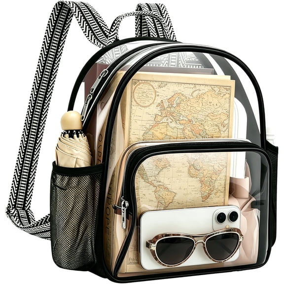 BaseGet Clear Backpack Stadium Approved 12x10x4.2, 8.5L 0.4mm PVC Transparent Backpack with Adjustable Guitar Strap, See-Through Bag for Sports Events
