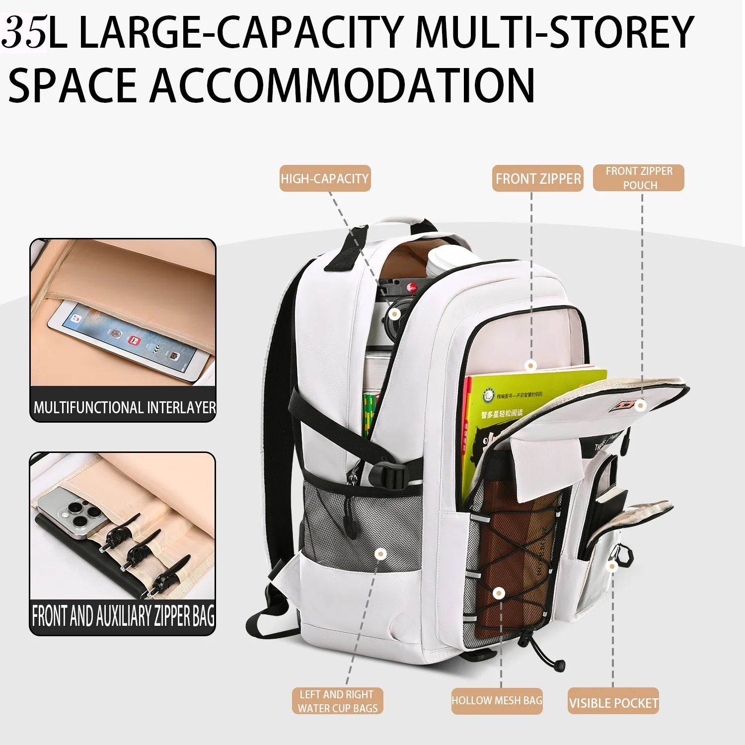Mochila Escolar para Laptop de 15.6", Bolso Impermeable de Moda para Niños Niñas Mujeres Hombres Adolescentes, Secundaria / Preparatoria / Universidad, Blanco Roto 4