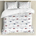 thumbnail image 1 of Nursery Airplane King Size Duvet Cover Set, Little Colorful Cartoon Planes in Sky with Greyish Clouds Transport Theme, Decorative 3 Piece Bedding Set with 2 Pillow Shams, Multicolor, by Ambesonne, 1 of 3