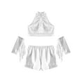 thumbnail image 4 of inlzdz Kids Girls Jazz Latin Dance Outfits Sequin Halter Crop Tops with Shorts Tassel Gloves Dancewear Silver 16, 4 of 7