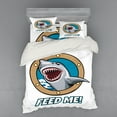 thumbnail image 2 of Shark Duvet Cover Set, Funny Vintage Feed Me Words Hungry Hound Mammal Head in Ship Window Humor Print, Bedding Set with Shams and Fitted Sheet, 3 Sizes, by Ambesonne, 2 of 3