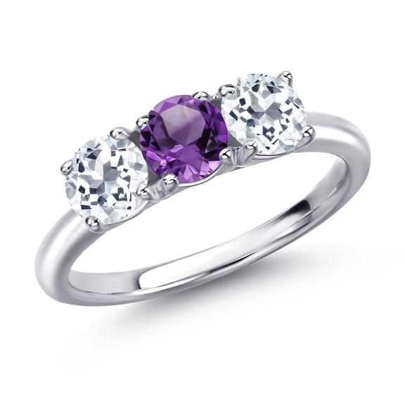 Gem Stone King 925 Sterling Silver Purple Amethyst and White Topaz Engagement Ring for Women | 1.68 Cttw | Round 5MM | Gemstone February Birthstone | Size 9