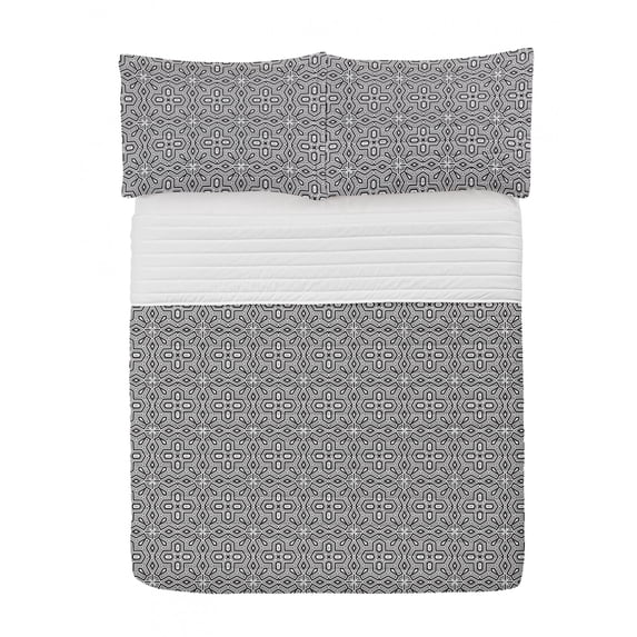 African Microfiber Bedspread Set, Antique Design Geometrical Shapes Symmetric Graphic Chevron Modern Display, Soft Bedding Set with Pillow Shams & Comforter, 3 Sizes, Black White, by Ambesonne