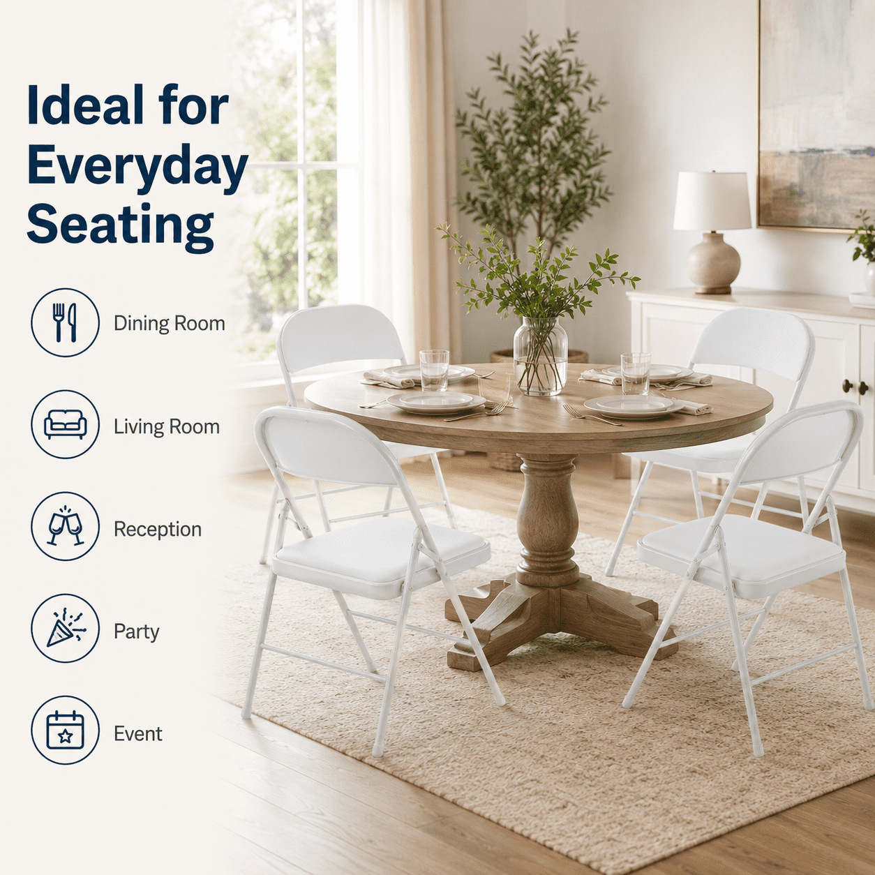 Alvantor 4-Pack White Folding Chairs,Padded PVC Seat and Back,Steel Frame,Portable Seating for Home Office Party Event,330 lbs Capacity
