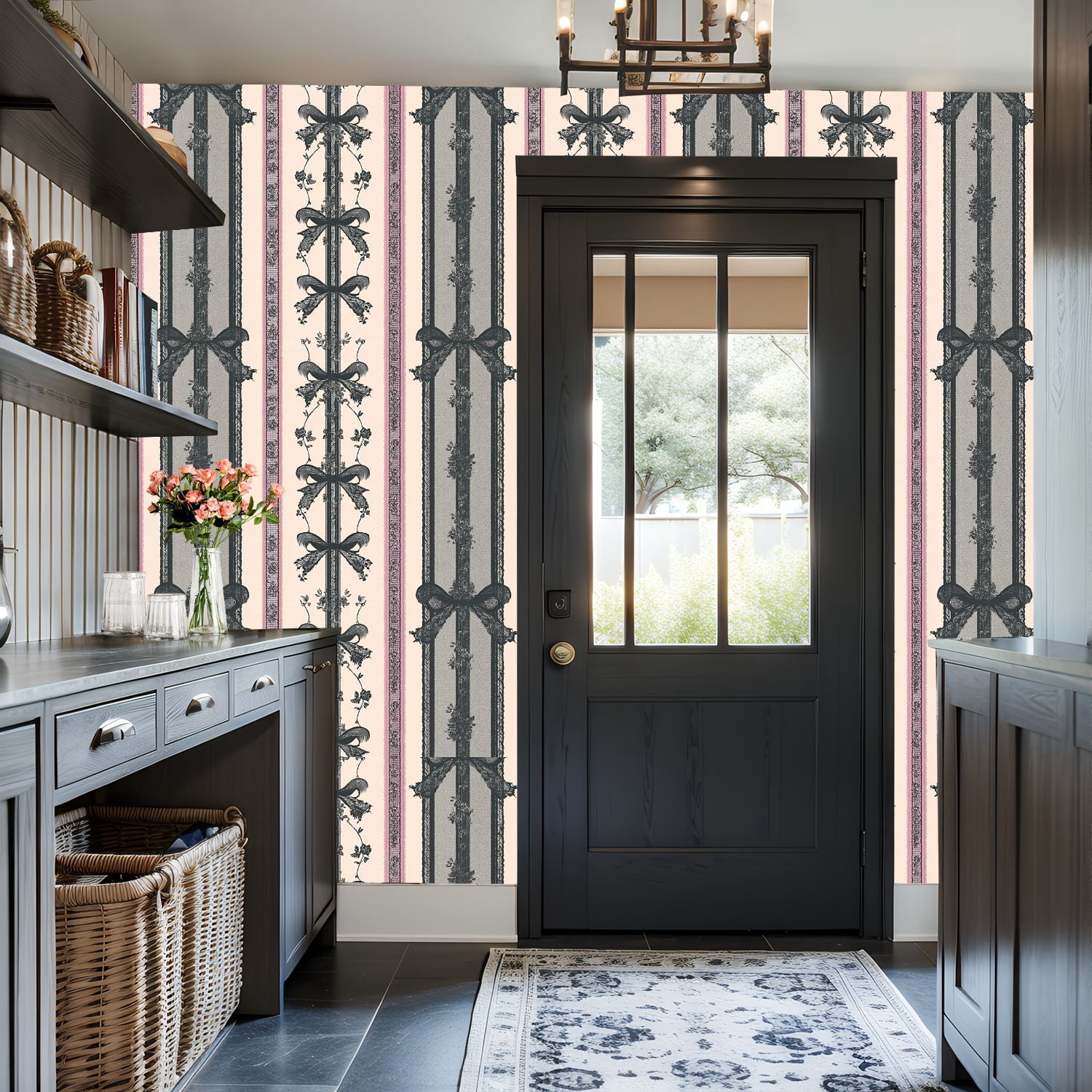 Peel and Stick Wallpaper Ornate Victorian Ribbon Floral Stripe Soft Pink Black Wall Mural 17.7in x 9.8ft Self Adhesive Removable Wall Paper Renter Friendly Wallpaper for Bedroom
