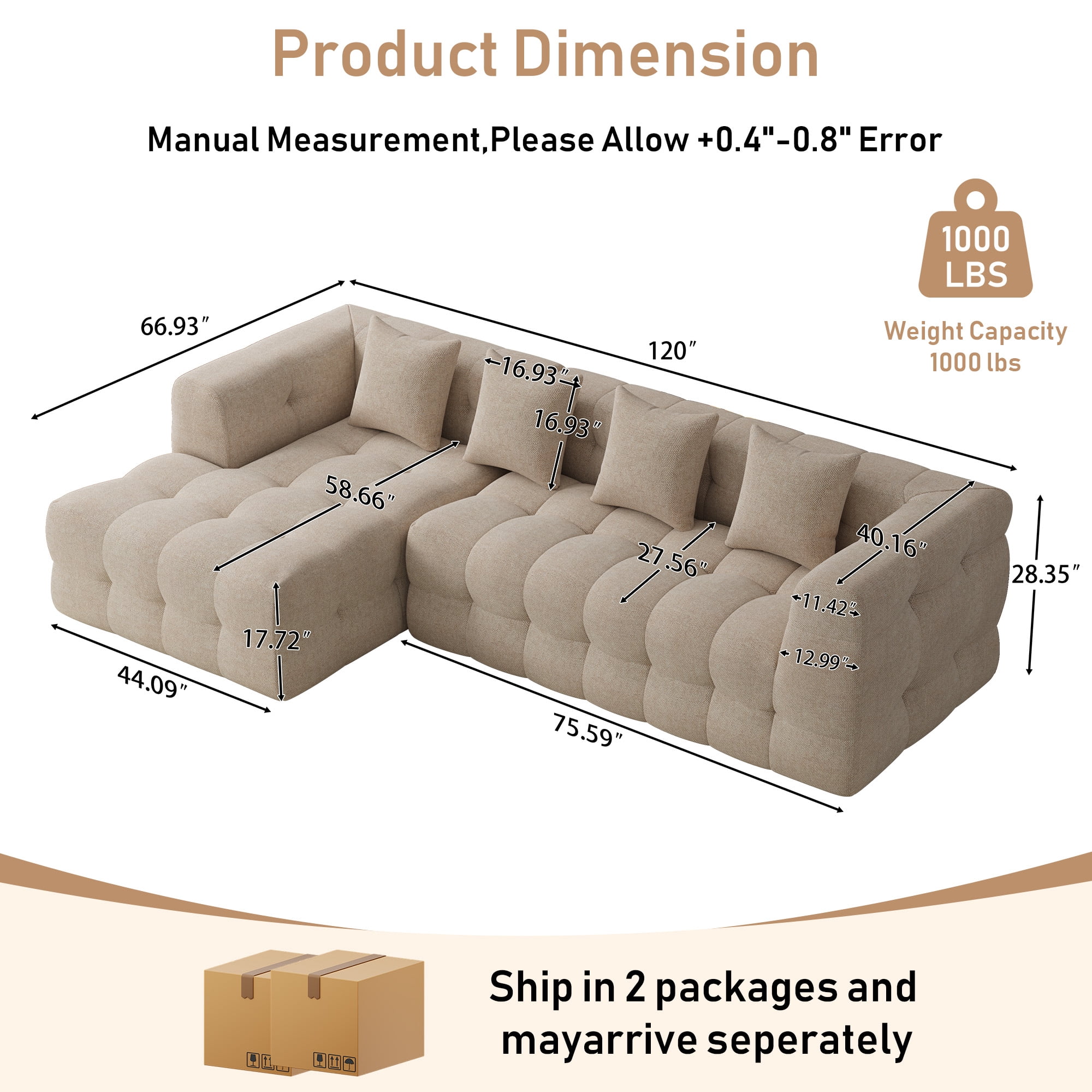 Wiilayok 120" Boneless Oversized Cloud Couch, Left Facing L-Shaped Chenille Sectional Sofa with Chaise Lounge, Deep Seat Upholstered Living Room Sofa with 4 Pillows, No Assembly, Light Brown