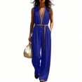 thumbnail image 2 of Guluxicc Women's Contrast Trim Elastic Waist Pleated Wide Leg Jumpsuit Casual Belted Stand Collar Sleeveless Loose Fit Rompers, 2 of 6