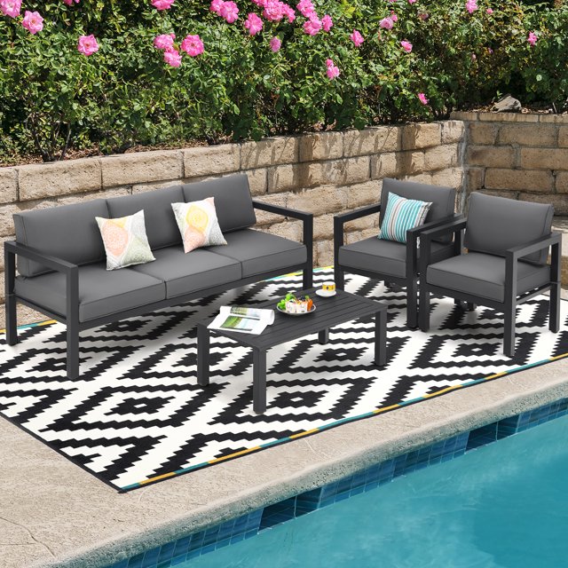 Costway Ensemble de Mobilier de Patio Extérieur 4 Pcs Ensemble de Canapé Sectionnel Table Basse