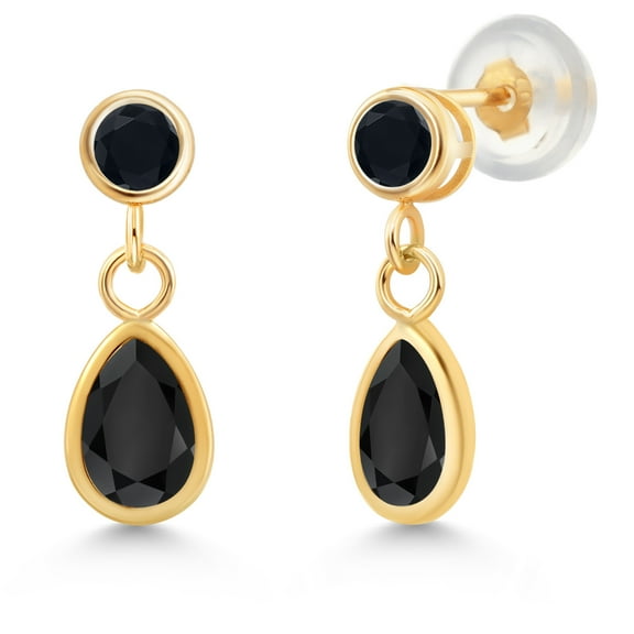 Gem Stone King 14K Yellow Gold Black Onyx Dangle Earrings for Women (0.96 Cttw, Gemstone December Birthstone, Pear Shape 6X4MM, Round 3MM)