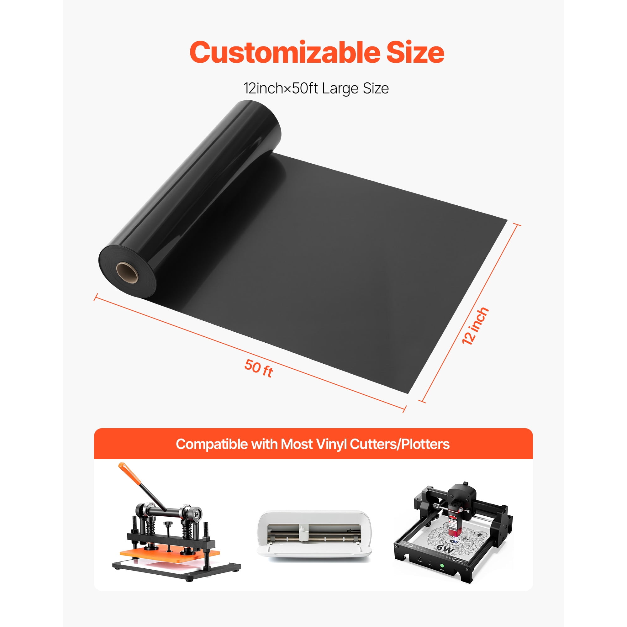 KFFKFF Heat Transfer Vinyl Roll, 12 in x 50 ft, Glossy Black HTV for Iron-On Applications, Easy to Cut and Weed, Durable Adhesion, Compatible with Cutting Machines, Suitable for T-Shirts, Pillows