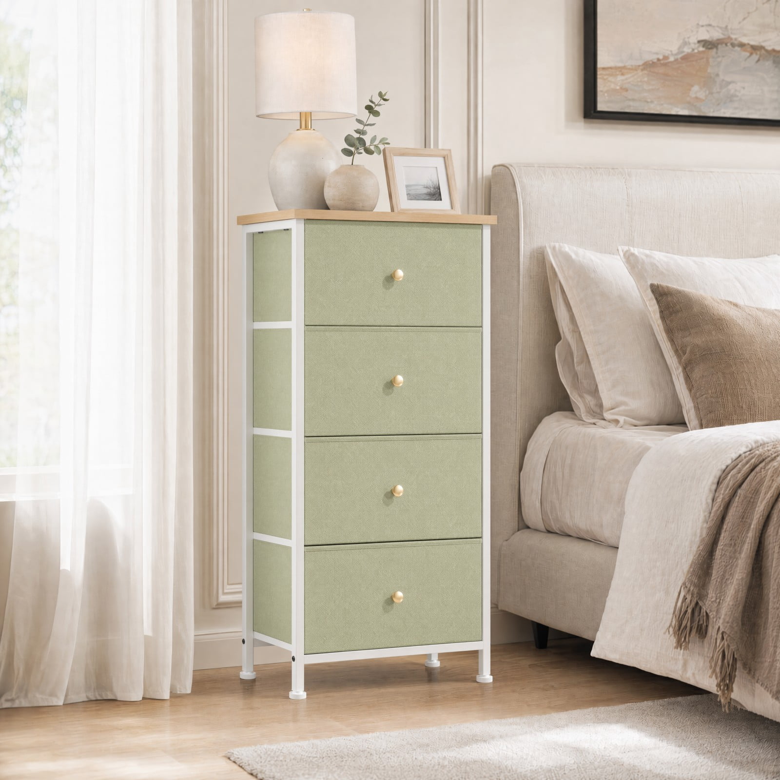 Telyra 4-Drawer Fabric Dresser 37.4" Tall Storage Tower with Wood Top and Steel Frame Narrow Organizer, Light Green