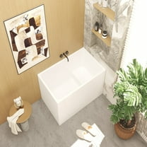 43" Acrylic Freestanding Soaking Bathtub,Rectangle Soaking Hot Ice Bath Tub with Seat,White